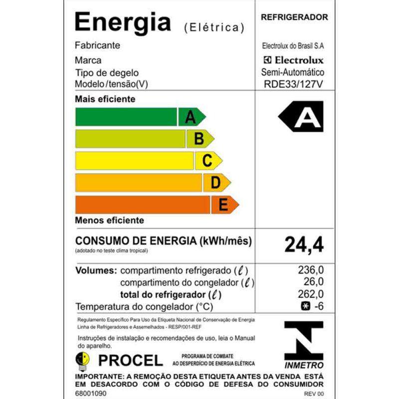 Geladeira Electrolux RDE33 Degelo Autolimpante 262L Cycle Defrost